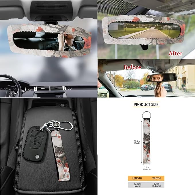 Wolf Plum Blossom Pattern Car Accessories Set of 15, Full Set Seats Covers Auto Streering Wheel Cover Trash Bin Seat Belt Covers Keychain Coasters Air Vent Storage Bag