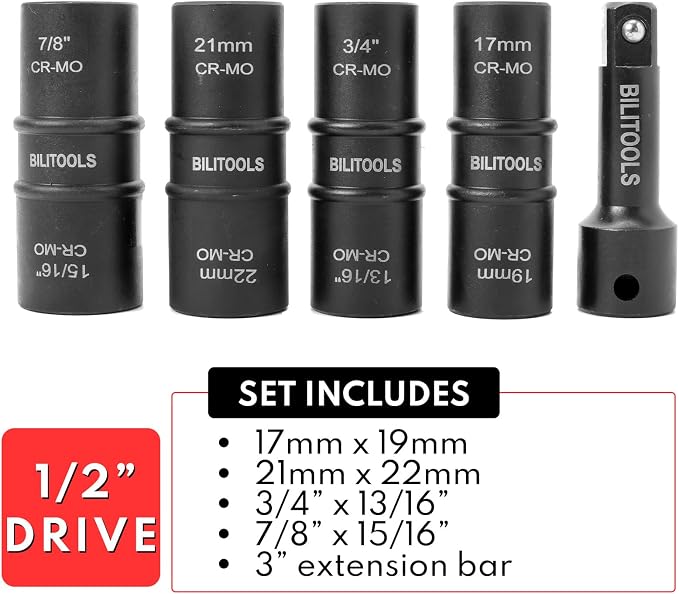 BILITOOLS Lug Nut Impact Socket Set& 17-Piece Pass Through Socket Set, 3/8" & 1/2" Drive Pass Thru Spline Socket & Ratchet Set Go Through Design Metric/SAE 10-24mm