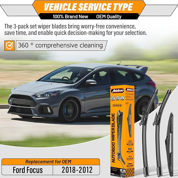 AUTOBOO 28"+28" Windshield Wipers with 12 Inch Rear Wiper Blade Replacement for Ford Focus 2012 2013 2014 2015 2016 2017 2018 -Original Factory Quality (Pack of 3)