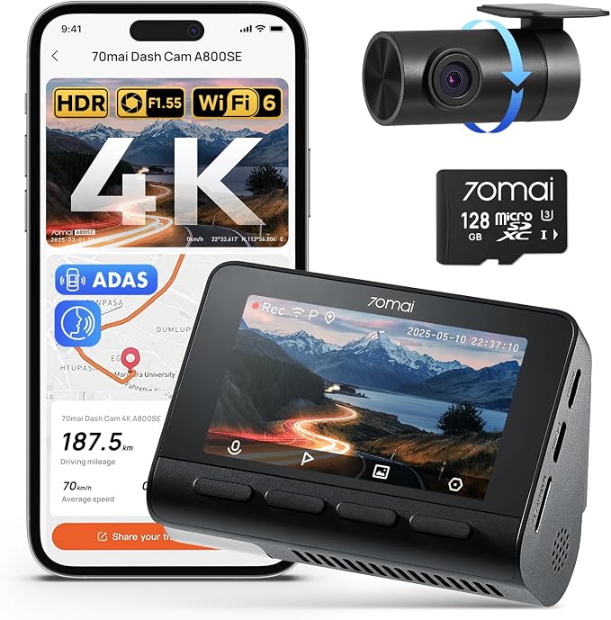 70mai 4K Dash Cam Front and Rear, Built in Wi-Fi 6 & GPS Car Camera, Super Night Vision, ADAS, 3'' IPS Screen, 24H Parking Mode, Time-Lapse, Loop Recording, with 128GB Card (A800SE)
