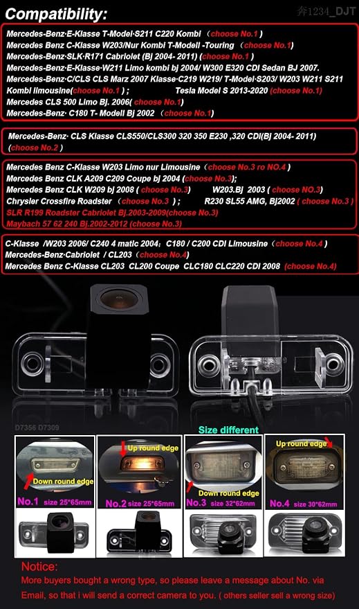 Waterproof License Plate Rear View Reverse Camera,Night Vision Backup Parking Camera Replacement for Mercedes-Benz C-Klasse W203 C240 4 Matic 2004/W203/200 CDI Limousine(No.4)