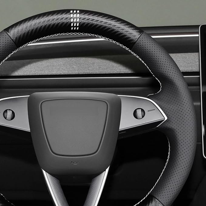 MEWANT Black Matte PU Carbon Fiber Faux Leather Steering Wheel Wrap for Tesla Model3 Highland 2025 Model Y Juniper 2025