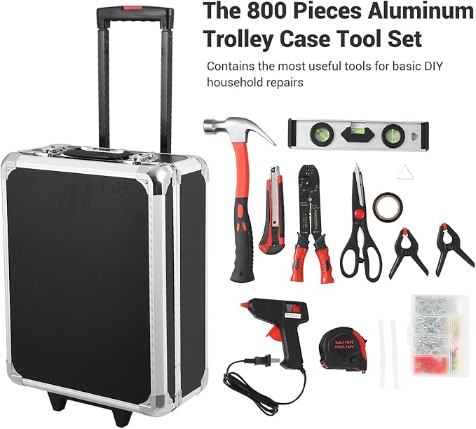 800-Piece Tool Kit with Aluminum Trolley Case, Mechanics Socket Set with Wrenches & Complete Hand Tools, Portable Repair Tool Box for Home, Auto, DIY & Garden Maintenance
