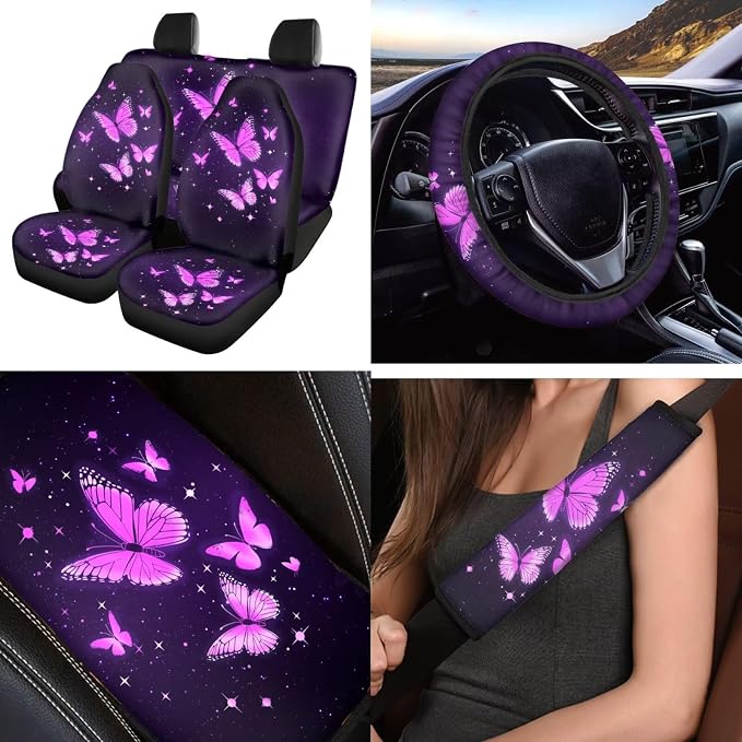 Purple Butterfly 12 Pack Car Seat Covers Full Set with Car Steering Wheel Cover Arm Rest Cover Auto Seat Belt Cover Cup Coasters and Keychain Holder Universal Fit Most Cars SUV