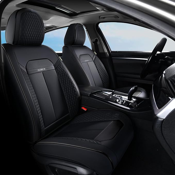 FLORICH 2pcs Car Seat Covers Front Set, Black Car Seat Cover, Breathable Premium Leather Seat Covers, Automotive Vehicle Seat Covers for Cars Trucks Vans SUVs Sedans (2 Packs, Black)