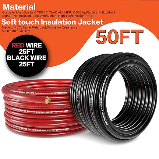 4 Gauge Wire (25ft Each - Red/Black) Copper Clad Aluminum CCA - Primary Automotive Wire,Car Amplifier Power & Ground Cable, 20PCS Lugs Terminal Connectors,20PCS 3:1 Heat Shrink Tubing
