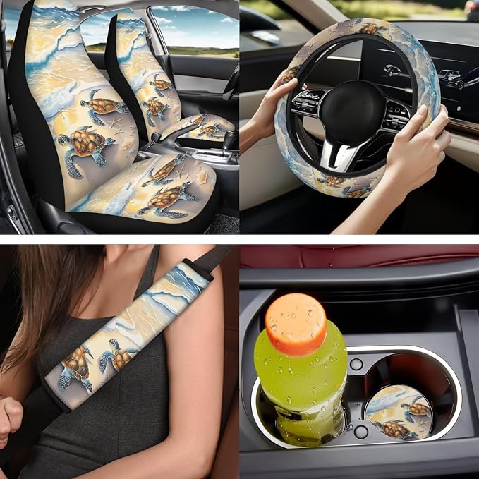 Bulopur Beach Sea Turtle Auto Seat Covers Full Set with Car Armrest Pad Seat Belt Covers Keychain American Flag Automotive Interior Decor Set for Truck SUV Van 14 Pack