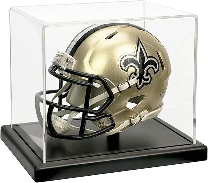 Mini Helmet Display Case with Solid Wood Base - Floating Design Clear Fully Assembled Acrylic Box for 1:2 Scale Football Helmets, Dustproof Memorabilia Showcase (Dark Walnut)