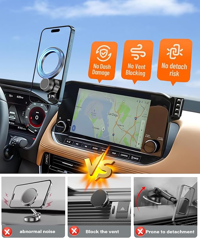 Magnetic Car Phone Mount for 2021 2022 2023 Nissan Rogue Accessories, for MagSafe Strong Magnets Cell Phone Holder 9-Inch Screen Cradles, with Portable Phone Gripper 360° Rotation