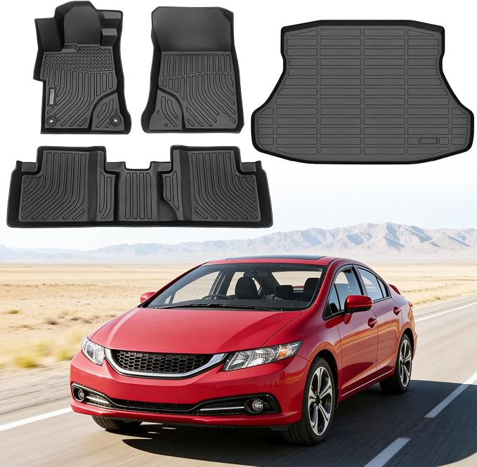 Floor Mats for Honda Civic & Civic Si 2012-2015 (Only for Sedan, Not for Coupe), Custom Fit Heavy Duty TPE All Weather Protection, Waterproof Non-Slip Black (Two-Row Floor Mats & Cargo Liner)