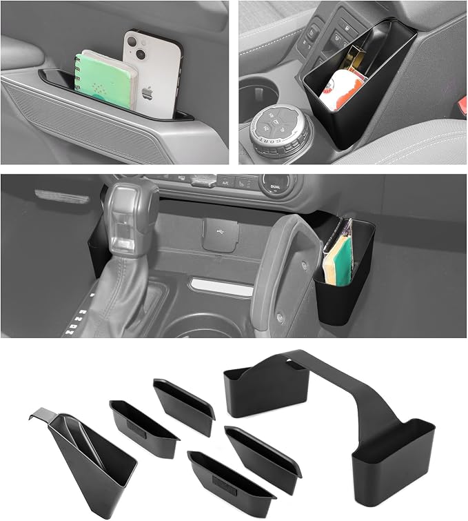 JWWY Interior Storage Organizer Kit for 2021-2026 Ford Bronco 4-Door, Center Console Gear Shift Armrest & Door Grab Handle Storage Tray Bin Compartment Pocket, Interior Accessories 8PCS