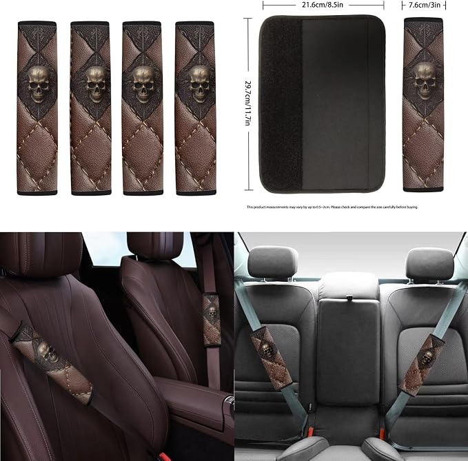 Skull Print Front Back Car Seat Cover with Steering Wheel Cover Headrest Covers Safety Belt Pad Center Console Pad Gear Lever and Hand Brake Covers Cup Cushions Key Chain