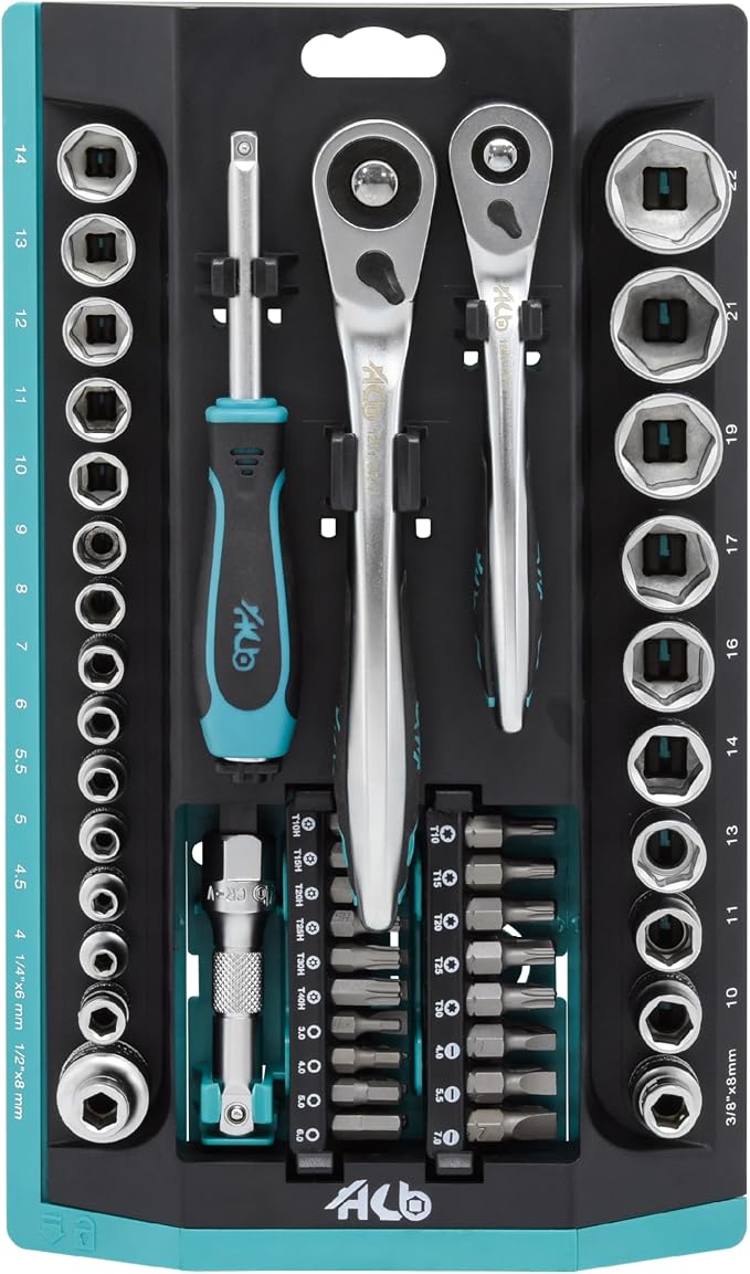 HB AKX002 66-Piece Socket Set 1/4" & 3/8" Drive, 120-Tooth Ratchet Handles, Quick Release, Offset Design, Cr-V Sockets & S2 Bits, Sliding Storage Rack, Professional Tool Set, Made in Taiwan
