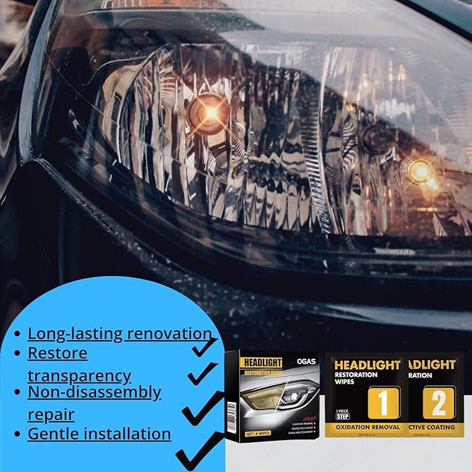 Headlight Restore Wipes – 3-Stage Cleaning System, Revives Foggy Headlights, Erases Yellowing & Oxidation, Boosts Night Visibility, UV Block Protection