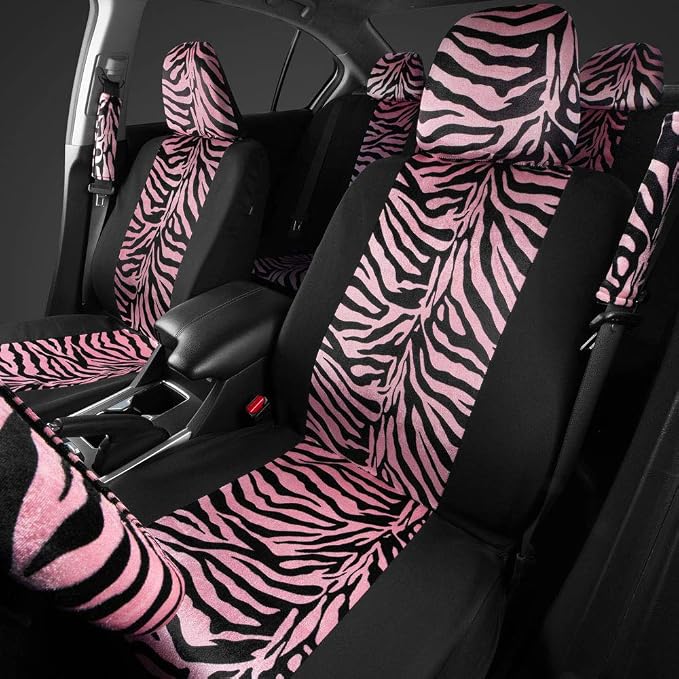 BDK Pink Velvet Zebra Print Car Seat Covers, Full Set with Steering Wheel Cover and Seat Belt Pads, Front and Rear Universal Fit for Car Truck SUV Van, Cute Auto Interior Accessory for Women Girl
