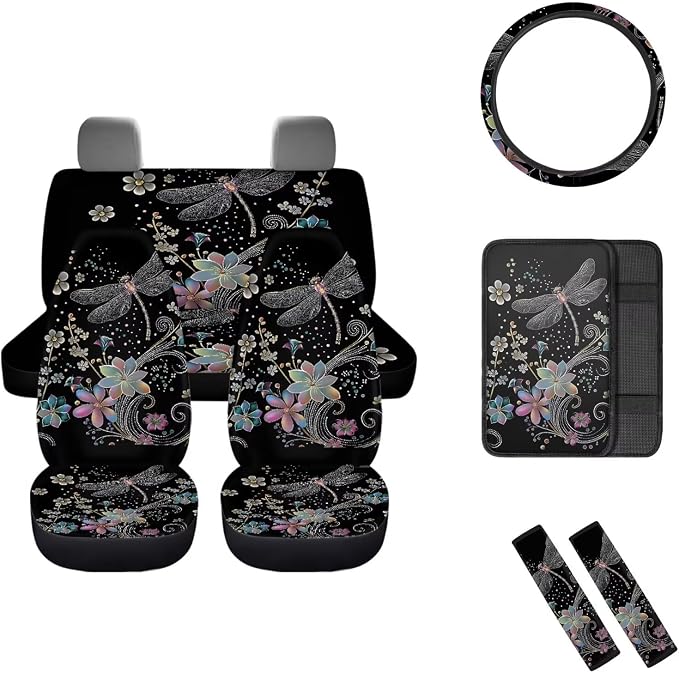 Mumeson Dragonfly Pattern Car Seat Covers Car Accessories Set Car Seat Covers with Sweat Absorption Neoprene Steering Wheel Cover and Safety Seat Belt Cover Car Armrest Box Mats