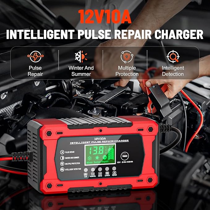 10A 12V Battery Charger for Car Fully Automatic Smart Trickle Charger & Maintainer with LCD Display, Temperature Compensation for Truck, Motorcycle, Boat, Lawn Mower