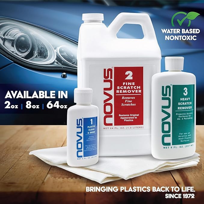 NOVUS-PK1-8 | Plastic Clean & Shine #1, Fine Scratch Remover #2, Heavy Scratch Remover #3 (8 Ounce, 6 Polish Mates)