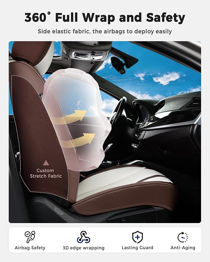 Huidasource Coffe White Front Seat Covers Luxury Faux Leather Front Car Seat Cover, Compatible with Airbags, Seatbelt Buckles, Perforation, Cooling＆Heating Universal Fit for Most Cars Vans Trucks SUVs