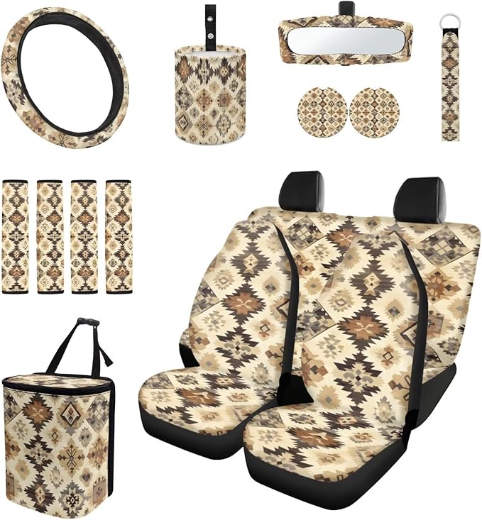 Southwest Aztec Car Accessories Car Seats Cover Protector, Steering Wheel Covers, Seatbelt Cover, Car Trash Can, Cup Coasters, Rearview Mirror Cover, Keychains, Pack of 15