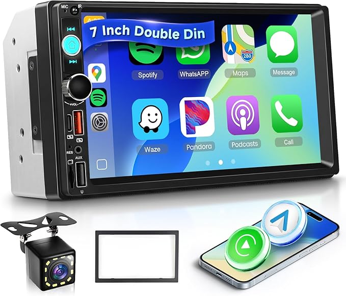 Double Din Car Stereo with Wireless CarPlay/Android Auto, 7 Inch IPS Touch Screen Radio, Bluetooth 5.2, FM Radio,Double Din Head Unit with Online Video EQ USB/Type-C/TF Card/Aux Ports Backup Camera