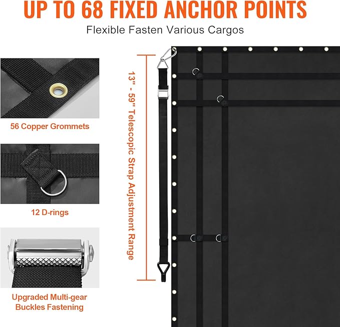 VEVOR Waterproof Cargo Net, 120 in x 105 in, Heavy Duty Truck Cargo Net-(WLL) 700lbs, 4 Adjustable Straps with Carabiners & S-Hooks, Truck Bed Cover for Trailer, Pickup, Boat, Jeep, SUV 8.75’x10’