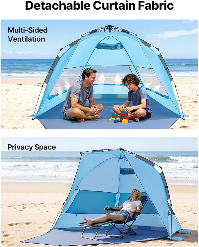 VEVOR Beach Tent Sun Shelter for 4 Person, Pop Up Beach Tent UPF 50+, Portable Sun Shade Beach with Carrying Bag and Sand Pockets, Easy Setup Umbrella for Camping Fishing Outdoor Picnic