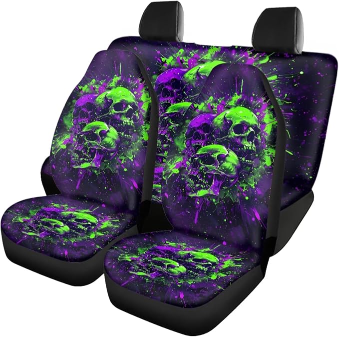 Halloween Ink Skull Car Interior Accessories Set of 18, Car Seat Covers Full Set with Auto Steering Wheel Cover Floor Mats Seat Belt Pads Armrest Pad Handle Wraps Keychains Cup Coasters