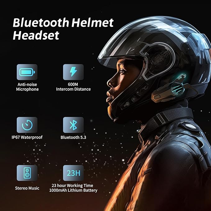 Motorcycle Bluetooth Headset for Wireless Dirt Bike 2 Riders 600M Intercom CVC Noise Cancellation Stereo HiFi Music IP67 Waterproof for Full Face Helmet with Tail Light (Red-Dual Pack)