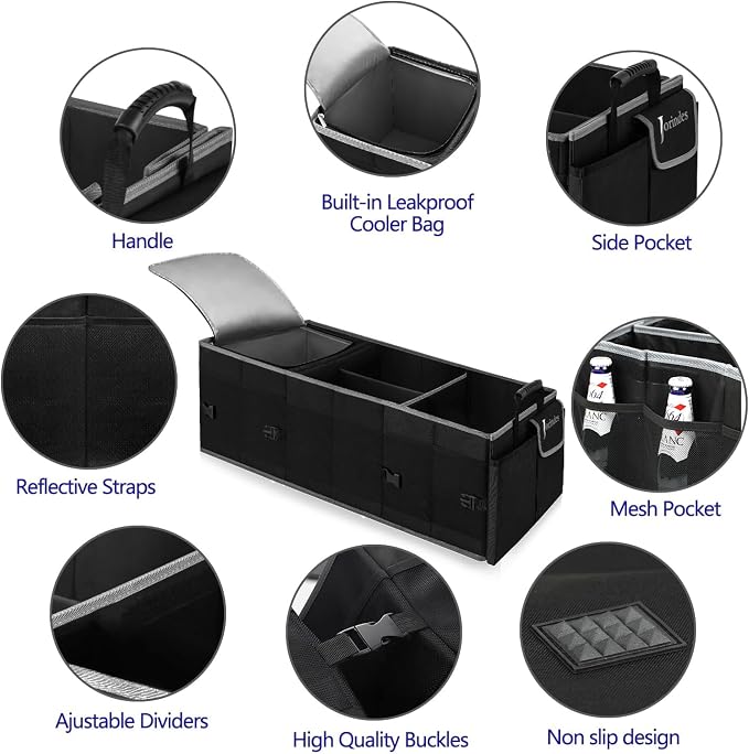 Trunk Organizer With Built-In Insulated Leak Proof Cooler Bag,Collapsible Cargo Organizer For Suv With Non Slip Bottom Strips,3 Large Compartments Foldable Waterproof Portable Car Storage Box