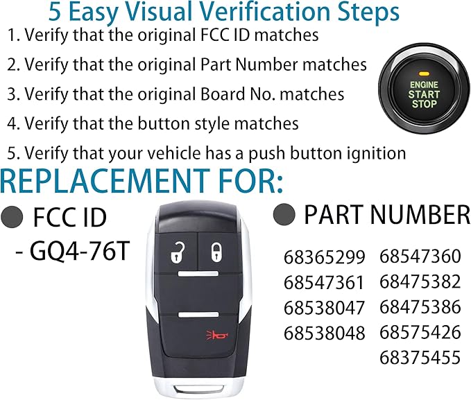 Smart Key for Dodge RAM 2019-2024, Alliskeys Vehicle Proximity Remote Control Key Fob Replacement for RAM 2500 3500 4500 5500 GQ4-76T 68365299
