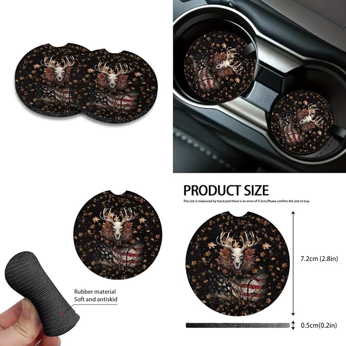 Deer American Flag Maple Leaf Pattern Auto Accessories Set of 10, Front and Rear Seat Covers Full Set, Steering Wheel Cover, Air Vent Storage Bag, Keychain, Car Trash Can, Cup Holders