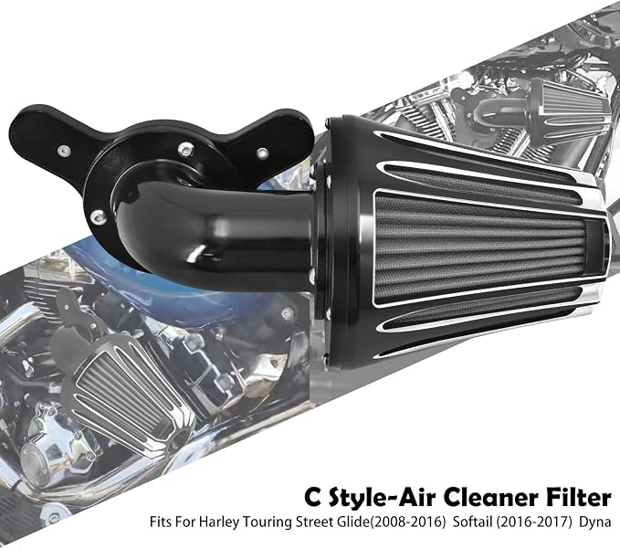 Motorcyle Air Cleaner Filter CNC 90° Forward-Facing Kit Fit for Harley Softail Touring Trike Sportster XL Dyna (Black Housing Grey Element, C For Touring 08-16,Softail 16-17,Trike 08-16)