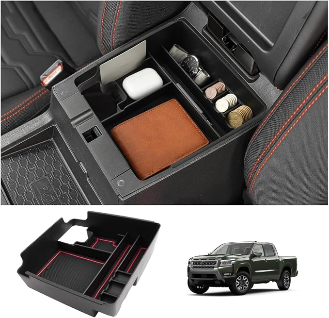 LUWU 2025 2026 Frontier Center Console Organizer for 2022 2023 2024 2025 2026 Nissan Frontier Accessories Armrest Console Storage Box Insert Tray ABS Material Red-trim