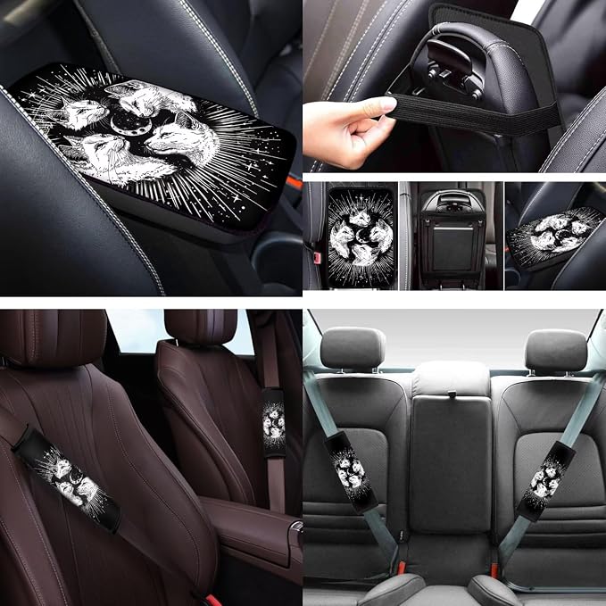 Gothic Cat Car Seat Covers Full Set 12 Pack with Steering Wheel Cover Center Console Cover Keychain Holder and Car Seat Belt Cover Universal Fit Most Vehicles Cars SUV
