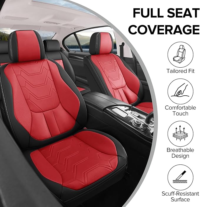 CAPITAUTO Car Seat Covers Full Set, Seat Covers for Car with Lumbar Support, Faux Leather Waterproof Seat Covers 5 Seats, Breathable Automotive Seat Covers Fit for Most Cars SUV Truck (Red & Black)