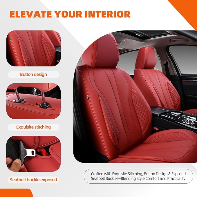 5-Seater Car Seat Covers Full Set, Fit for Front and Rear Seats of Cars, Waterproof and Breathable Nappa Leather, Compatible with Airbags, Car Seat Protector Covers for Most Cars - Wine red