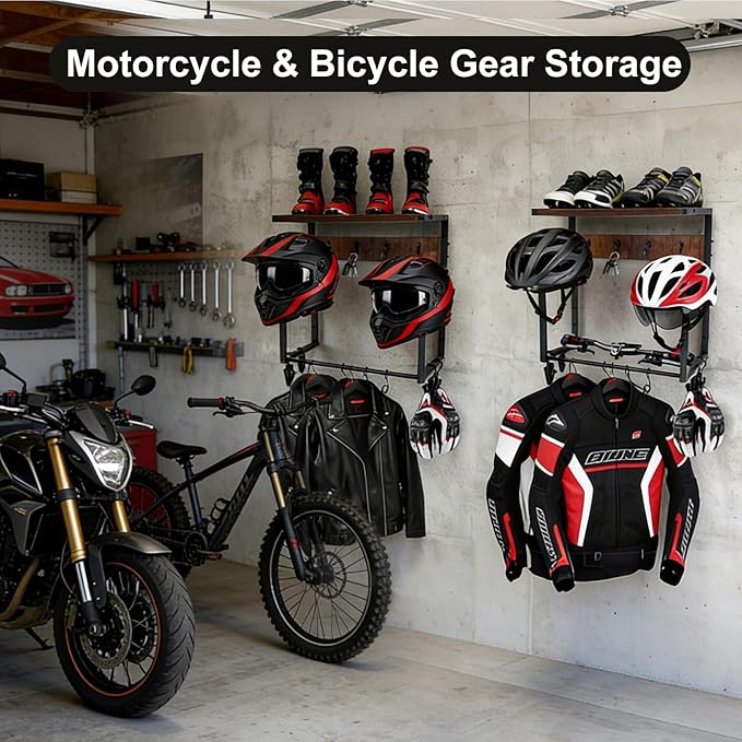 Motorcycle Helmet Wall Mount Rack, Heavy-Duty Helmet Holder with Storage Shelf for Moto Gear Accessories Organization, 2 Helmet Stands, 4 Clips, 9 Hooks for Hanging Gloves, Keys, Jackets