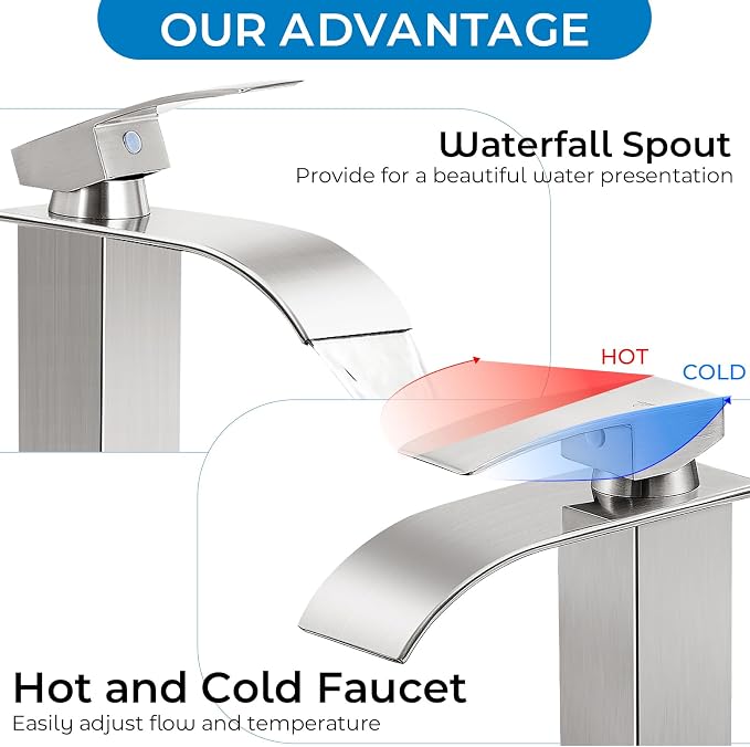 Nickel Bathroom Faucets, Tall Waterfall Bathroom Sink Faucet Modern Single Handle Bathroom Faucte 1 Hole, Tall Spout Vessel Faucet Mixer Tap Washbasin Faucet with Pop-up Drain, Supply Hoses