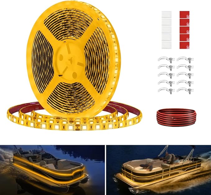 Pontoon LED Strip Lights, 12V 5M/16.4FT Waterproof Marine LED Light Boat Interior Lights, Boat Deck Light for Pontoon Fishing Boats, Extension Cable Included (Amber)
