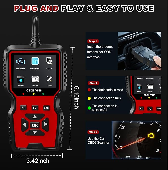 V519 OBD2 Diagnostic Scanner Tool - Vechicle Check Engine Light Code Reader with Battery Voltage Tester, I/M Readiness, Reset, and Code Eraser for All OBDII Car Since 1996 Red