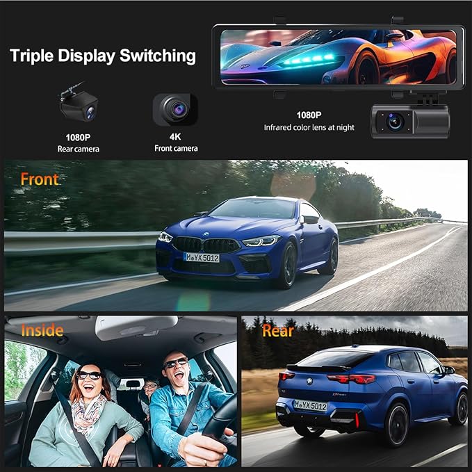 3 Channel Mirror Dash Cam, 12" Triple Rear View Mirror with Front 4K, Inside and Rear 1080P Cameras with 5.8GHz WiFi, G-Sensor, Night Vision, Reverse Assist, Parking Monitor
