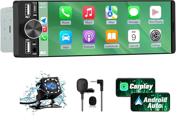 6.36" Single Din Car Stereo with Wireless CarPlay & Android Auto, IPS Touchscreen Head Unit with Backup Camera/External Microphone, Car Radio Supports Bluetooth/SWC/FM/Double USB/Type-C