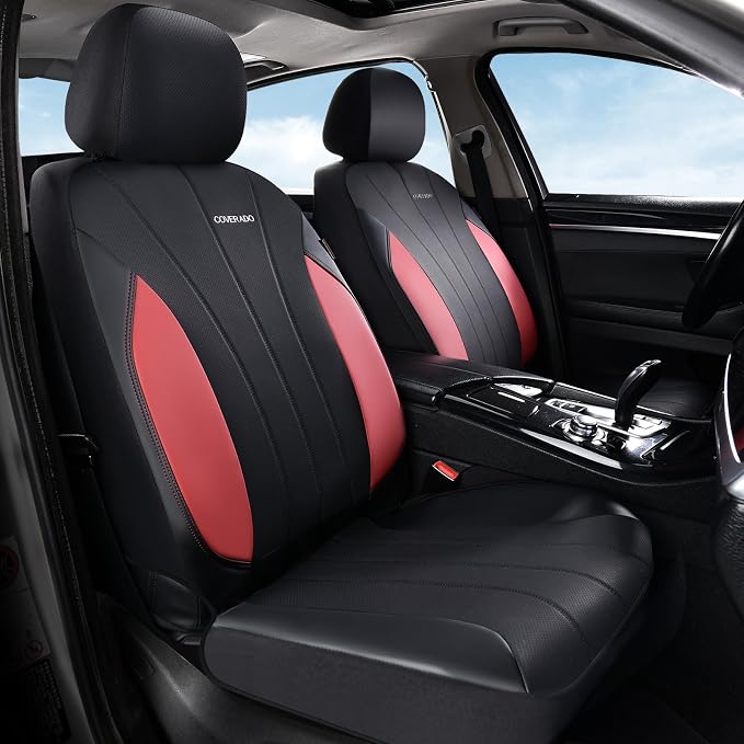 Coverado Car Seat Covers Full Set, 5 Seats Waterproof Nappa Leather Automotive Seat Protectors, Front & Rear Luxury Mesh Seat Covers,All-Weather Universal Fit for Most Cars SUVs, Trucks,Black&Red