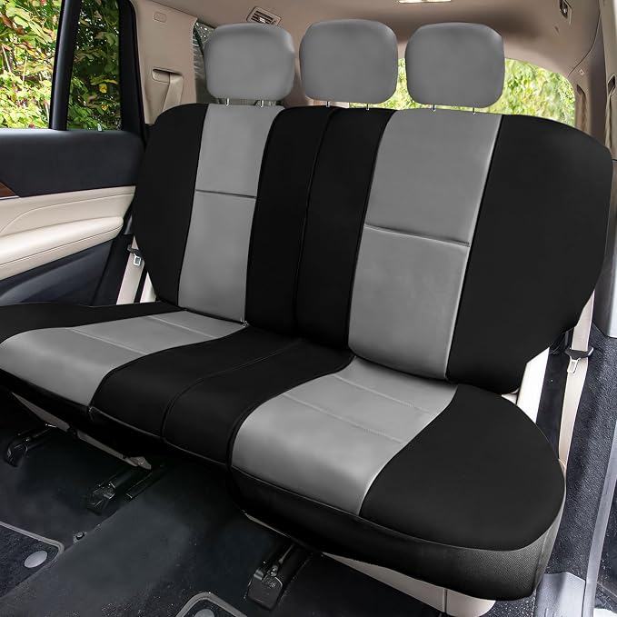 FH Group Car Seat Cover Airbag Compatible Full Set Gray Black Premium PU Leather - Split Bench Combo Vinyl Floor Mats Seat Covers Interior Accessories Universal Fit for Cars Trucks SUV