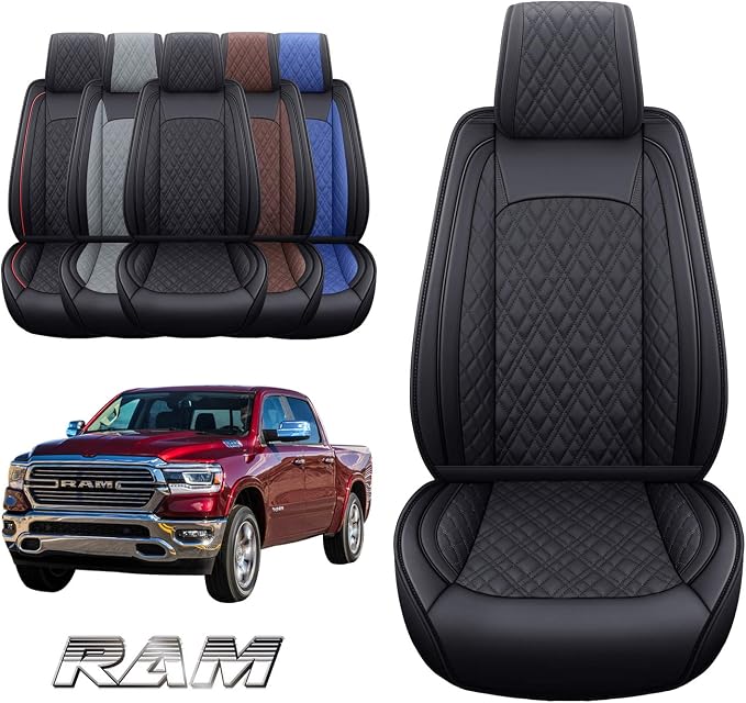 YIERTAI Car Seat Covers for Dodge Ram Fit 2009-2026 1500 2010-2026 2500 3500 Classic Bighorn Longhorn Laramie Tradesman Truck Black Front