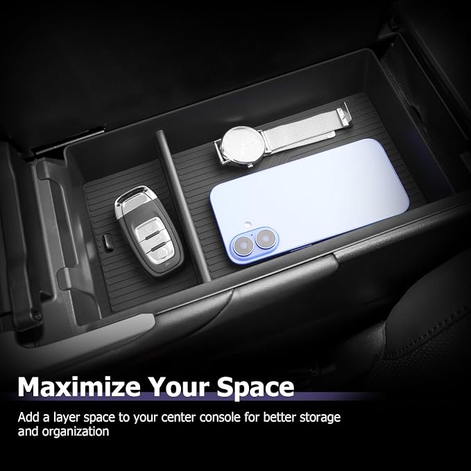 LUWU 2026 Lexsu ES350h/ES350e/ES500e Center Console Organizer for 2026 ES 350h/ES 350e/ES 500e Accessories Armrest Console Storage Box Insert Tray ABS Material Coin Container with Black Non-Slip Mat