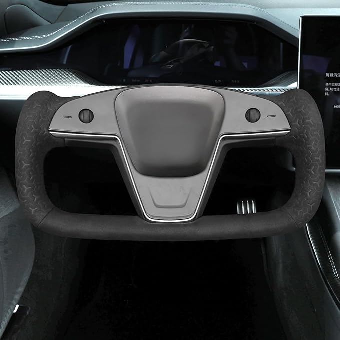 MEWANT Hand Stitch Black Smooth Geometric Embossed Suede Steering Wheel Cover for Tesla Yoke Model S 2021-2023 Model X