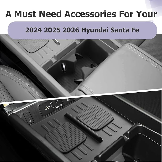 LUWU 2025 2026 Santa Fe Center Console Cup Holder Insert & Wireless Charging Protective Mat for Santa Fe 2024 2025 2026 Accessories Premium Silicone Material Cup Holder Easy Install & Clean, 2-Pack