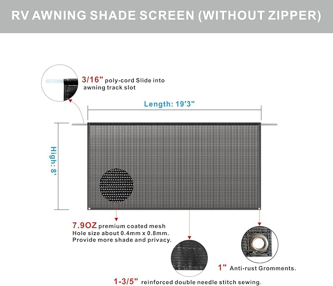 RV Awning Shade Screen Without Zipper 8'x19'3'',Black Mesh RV Awning Sun Shade Screen,Universal Trailer Camper RV Awning Screen with Complete Kit,Significantly Improves Shadow and Privacy